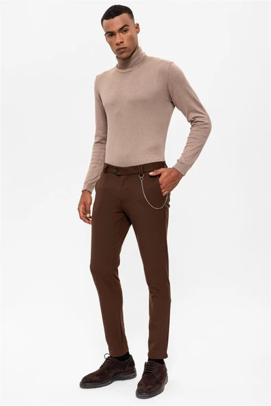 Antioch Koyu Kahve Erkek Slim Fit Düz Aksesuarlı Kumaş Pantolon ürün görseli 1