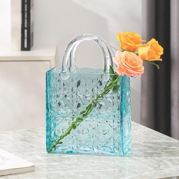 Nettenevime Çanta Vazo Köşeli Model Cam Çiçek Vazosu Dekoratif Mavi Vazo Büyük Boy Glass Bag Vase ürün görseli 1
