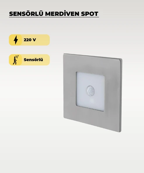 3W Krom Kare Sensörlü Sıva Altı Merdiven Spot 6500K (Beyaz Işık) ürün görseli 1