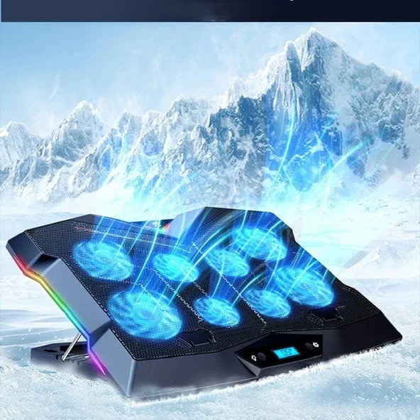 Monozone 8 Fanlı 18-11İnç RGB Işıklı Notebook Laptop Soğutucu Fan Yükseklik Ayarlı Sessiz LCD Pro Stand Çift USB 1 Type-c Giriş ürün görseli 1