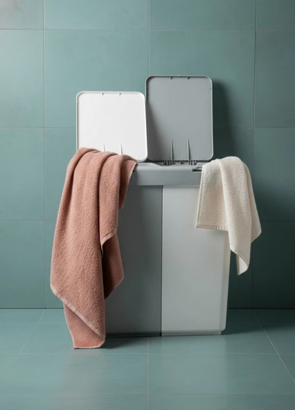 Çamaşır Sepeti İki Bölmeli Kirli Sepeti Gri-Beyaz 80 Litre ürün görseli 1