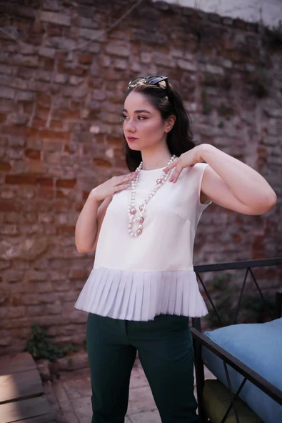 Kadın Inci Düğme Detaylı Peplum Bluz FRN1102 ürün görseli 1