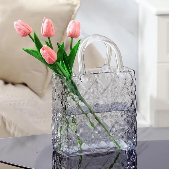 Nettenevime Çanta Vazo Köşeli Model Cam Çiçek Vazosu Dekoratif Antrasit Vazo Büyük Boy Glass Bag Vase ürün görseli 1