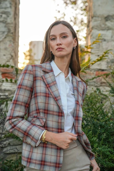 Kadın Ekose Desenli Blazer Ceket FRN6107 ürün görseli 1