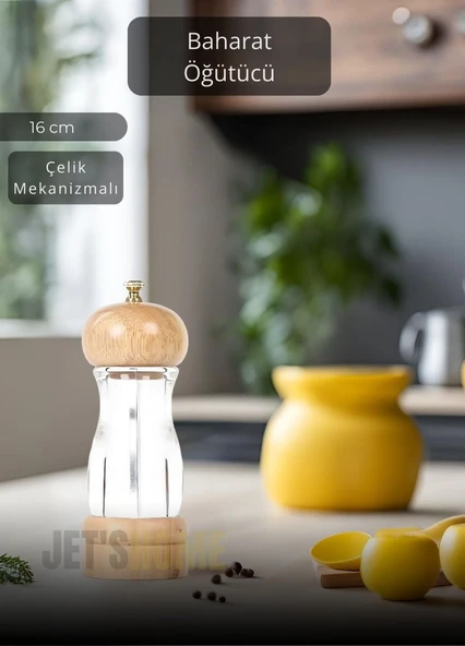 Baharat Öğütücü Kalınlık Ayarlı Karabiber Değirmeni Ahşap Biber Değirmeni Çelik Bıçaklı 16 cm ürün görseli 1