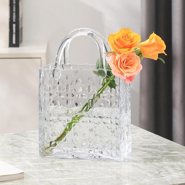 Nettenevime Çanta Vazo Köşeli Model Cam Çiçek Vazosu Dekoratif Şeffaf Vazo Büyük Boy Glass Bag Vase ürün görseli 1