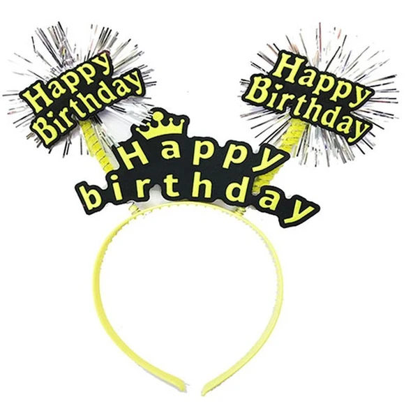 Happy Birthday Püsküllü Neon Sarı Renk Doğum Günü Tacı 22x19 cm ürün görseli 1