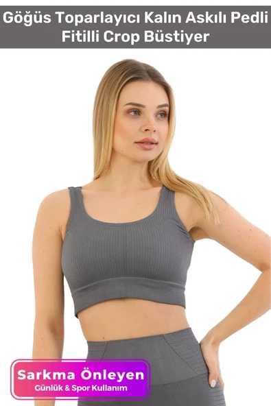 Premium Göğüs Toparlayıcı Sarkma Önleyen Spor Günlük Kalın Askılı Pedli Fitilli Crop Büstiyer ürün görseli 1