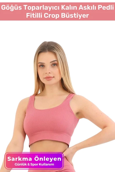 Premium Göğüs Toparlayıcı Sarkma Önleyen Spor Günlük Kalın Askılı Pedli Fitilli Crop Büstiyer ürün görseli 1