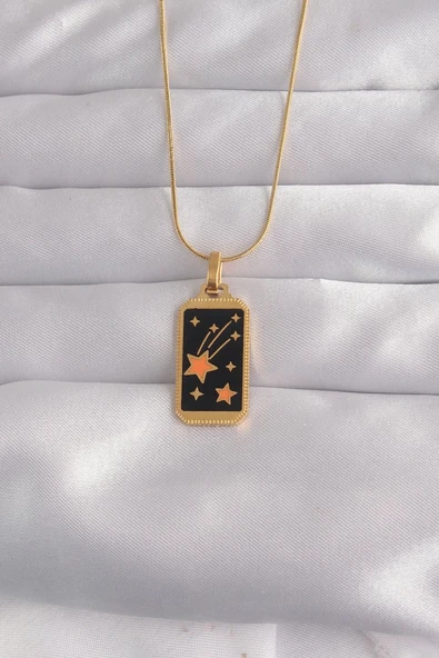 316L Çelik Gold Renk Siyah Mineli Yıldız Figür Tarot Kolye - TJ-BKO9028 ürün görseli 1