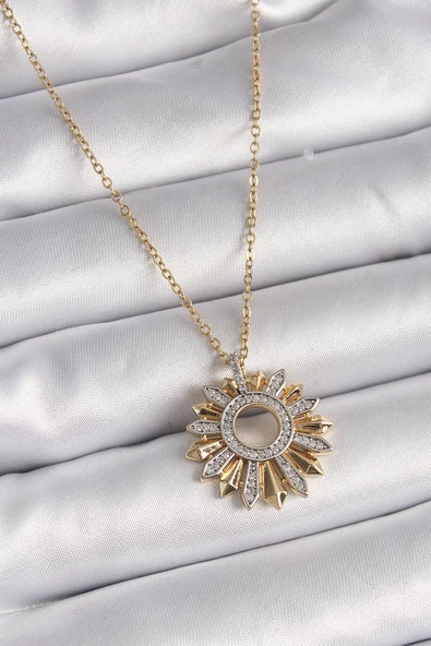 316L Çelik Gold Renk Zincir Zirkon Taşlı Mix Renk Güneş Model Kadın Kolye - TJ-BKO9477 ürün görseli 1