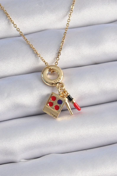 316L Çelik Gold Renk Makyaj Paleti Figür Charm Model Kadın Kolye - TJ-BKO9322 ürün görseli 1