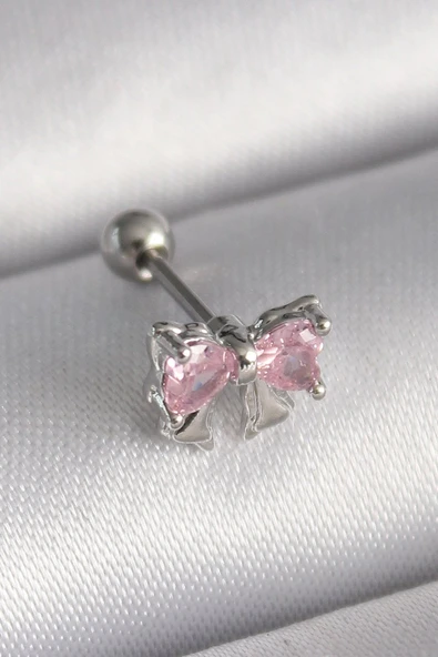 316L Çelik Gümüş Renk Pembe Zirkon Taşlı Fiyonk Tragus Piercing - TJ-PR1251 ürün görseli 1