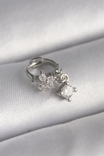 316L Çelik Gümüş Renk Zirkon Taşlı Çiçek Model Sallantı Detay Tragus Piercing - TJ-PR1311 ürün görseli 1