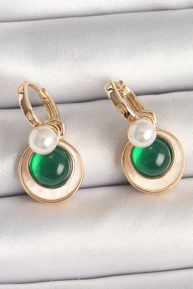 Pirinç Gold Renk Beyaz Yeşil Sallantı Mineli Kadın Küpe - TJ-BKP10363 ürün görseli 1