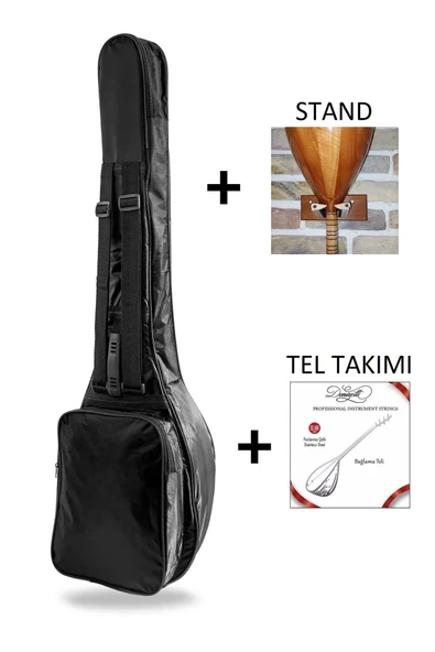 Profesyonel 10 MM PEDLİ Soft Case Uzun Sap Bağlama Saz Kılıfı Siyah + Tel Takımı + Duvar Askı standı ürün görseli 1