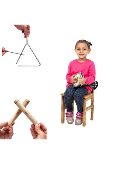 Orff Perküsyon Ritim Set Mini Çocuk Darbukası Ucgen Zil Ahşap Ritim Çubuğu ürün görseli 1