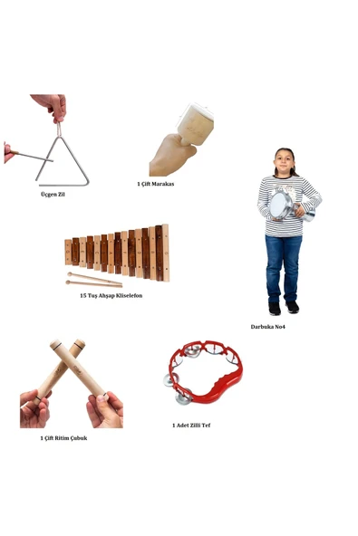 Anaokulu Ritim Orff Set Ucgen Zil Ahsap Ksilofon Darbuka Marakas Ritim Çubugu Zilli Tef ürün görseli 1