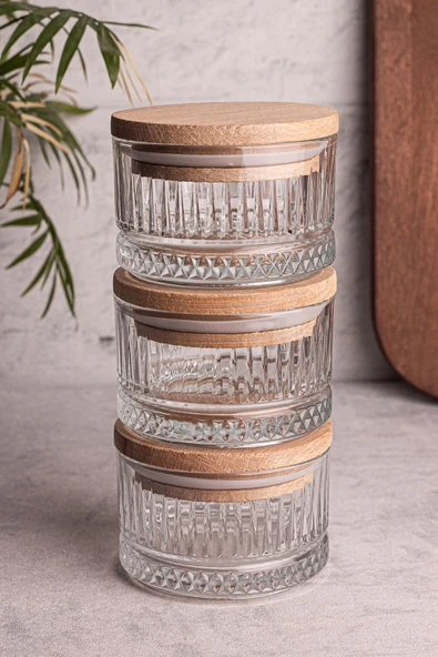 Snippy Bella Soft 3'lü Ahşap Vakumlu Kapaklı Cam Kahvaltılık Çok Amaçlı Cam Çerezlik 235 ml ürün görseli 1