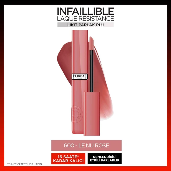 L'Oréal Paris Infaillible Laque Resistance Likit Parlak Ruj - 600 Le Nu Rose ürün görseli 1