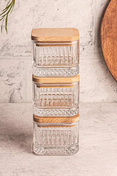 Snippy Bella Soft Kare 3'lü Ahşap Vakumlu Kare Kapaklı Cam Kahvaltılık Çok Amaçlı Cam Çerezlik 230 ml ürün görseli 1