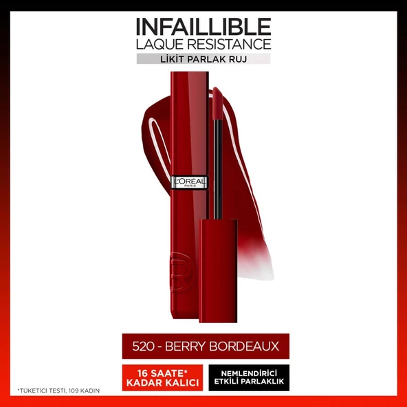 L'Oréal Paris Infaillible Laque Resistance Likit Parlak Ruj - 520 Berry Bordeaux ürün görseli 1
