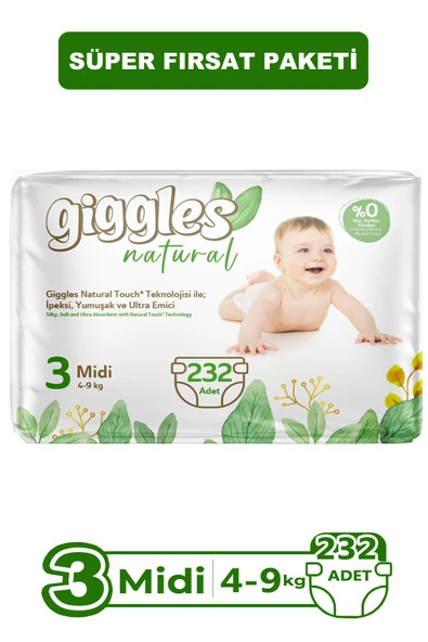 Giggles Natural 3 Numara Midi Pamuklu Bebek Bezi 232 Adet ürün görseli 1