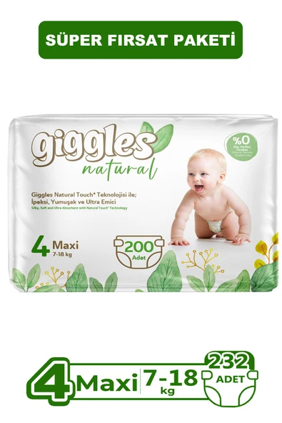 Giggles Natural 4 Numara Maxi Pamuklu Bebek bezi 200 Adet ürün görseli 1