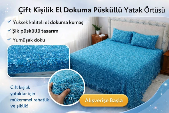 Tavşan Tüyü Peluş El Dokuma Yumuşak Dokulu Çift Kişilik Yatak Örtüsü (280x260)-mavi ürün görseli 1