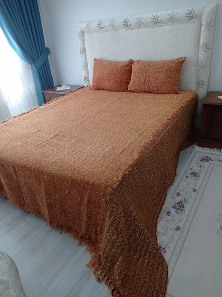 Tavşan Tüyü Peluş El Dokuma Yumuşak Dokulu Çift Kişilik Yatak Örtüsü (280x260)kremit ürün görseli 1