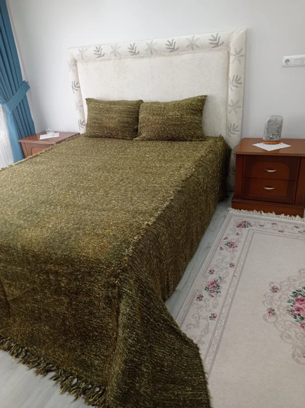 Tavşan Tüyü Peluş El Dokuma Yumuşak Dokulu Çift Kişilik Yatak Örtüsü (280x260)-yeşil ürün görseli 1
