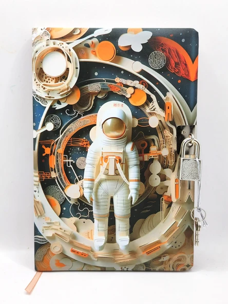 3D Görünümlü Hatıra Defteri (Günlük) Kilitli Defter 80 yaprak - Turuncu Astronot ürün görseli 1