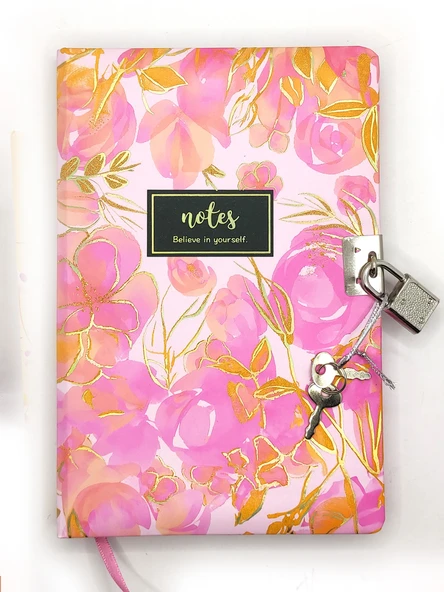 Çiçek Ebru Desen Hatıra Defteri (Günlük) Kilitli Defter 80 yaprak - Pembe ürün görseli 1
