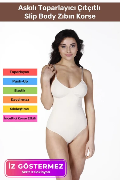 İz Saklayan Lazer Kesim İnceltici Etkili Push-Up Askılı Toparlayıcı Çıtçıtlı Slip Body Zıbın Korse ürün görseli 1
