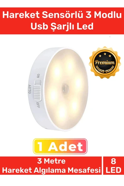 Premium Üretim Mıknatıslı 3 Mod Pratik Hareket Sensörlü 8 Ledli Usb Şarjlı Beyaz Işık Gece Lambası ürün görseli 1