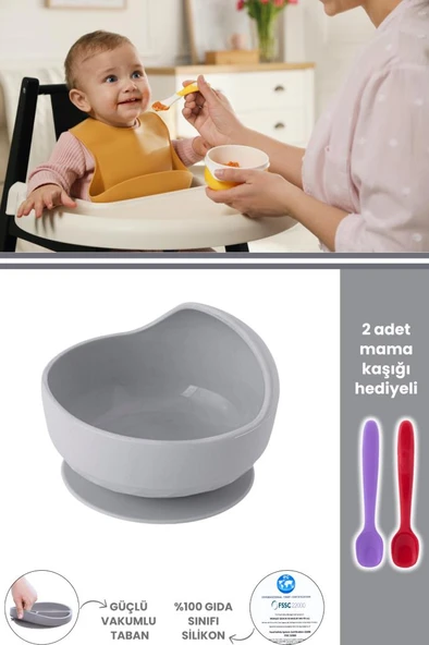 Silicolife Eğimli Mama Kasesi, Vakum Tabanlı Bebek Çocuk Eğimli Mama Tabağı - 2 Mama Kaşığı Hediyeli ürün görseli 1