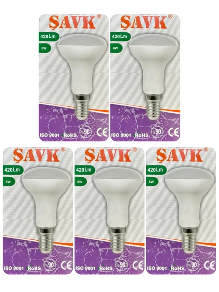 (5 Adet) Şavk 6W (37W) Beyaz Işık (6500K) E14 Duylu (İnce Duy) Led R50 Ampul ürün görseli 1