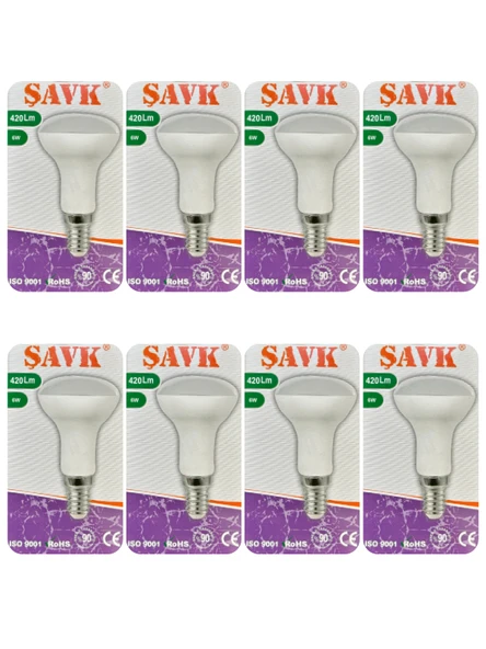 (8 Adet) Şavk 6W (37W) Beyaz Işık (6500K) E14 Duylu (İnce Duy) Led R50 Ampul ürün görseli 1