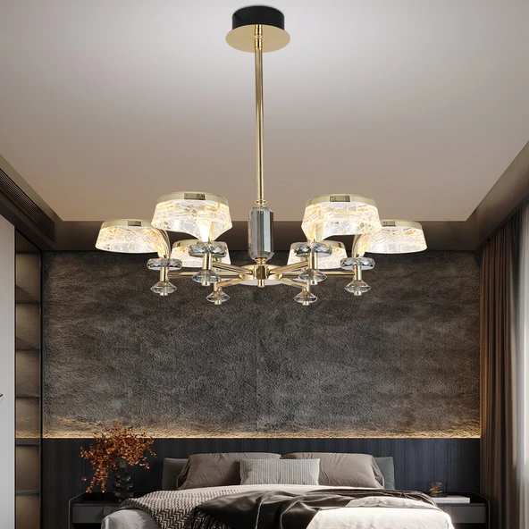 Ekerd 6'lı Gold 50 Watt Yuvarlak Kristalli Modern Sarkıt Salon Led Avize ürün görseli 1