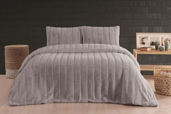 Merinos Luxe 3 Parça Çift Kişilik Yatak Örtüsü Seti Kutulu 230x250 Çizgili Silver ürün görseli 1