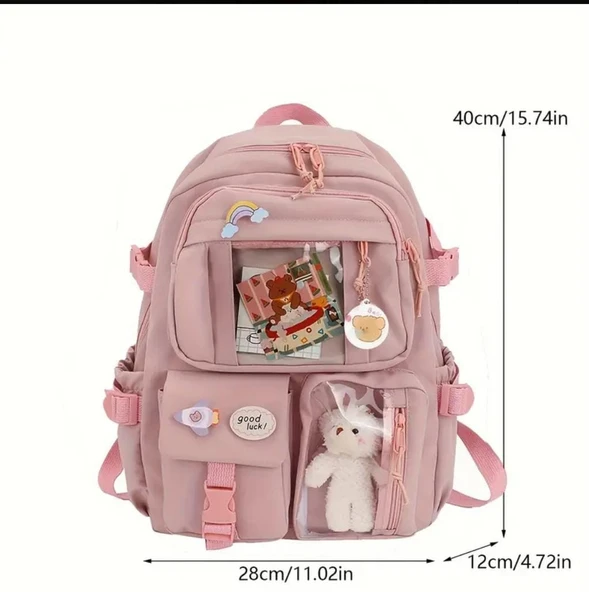 Büyük Boy Okul Çantası Rozetli Peluşlu Çok Cepli ürün görseli 1