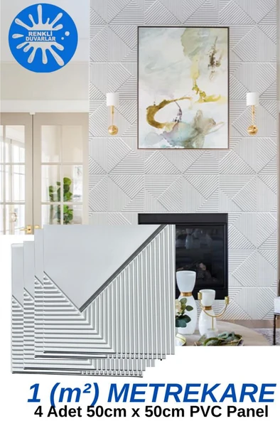 Renkli Duvarlar 1m² (50cmx50cm 4 Adet) Beyaz 3D ABS PVC Çizgili Desenli Dayanıklı Duvar Paneli Silinebilir ürün görseli 1