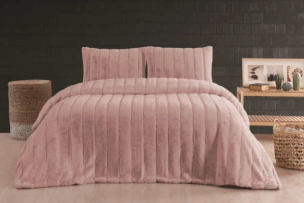 Merinos Luxe 3 Parça Çift Kişilik Yatak Örtüsü Seti Kutulu 230x250 Çizgili Pudra ürün görseli 1