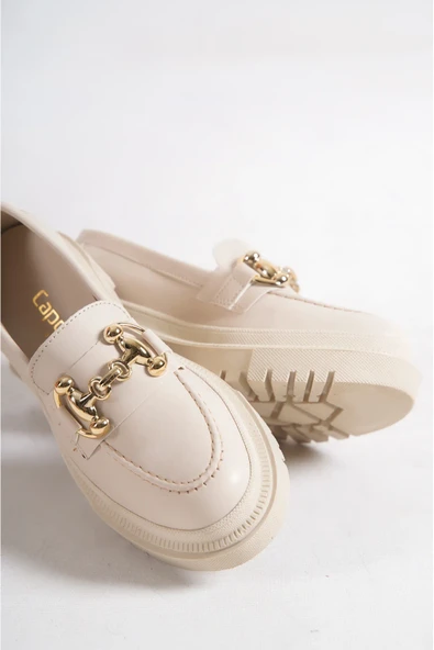 Capone Outfitters Oval Burunlu Metal Tokalı Trak Tabanlı Kadın Ekru Bej Loafer ürün görseli 1