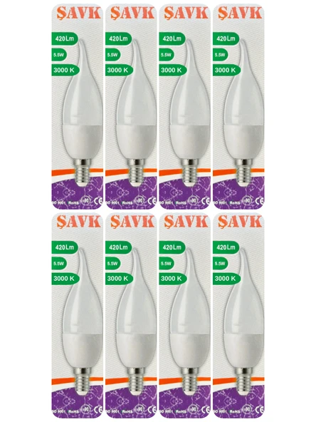 (8 Adet) Şavk 5,5W (37W) Sarı Işık (3000K) E14 Duylu (İnce Duy) Led Kıvrık Ampul ürün görseli 1