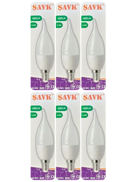 (6 Adet) Şavk 5,5W (37W) Beyaz Işık (6500K) E14 Duylu (İnce Duy) Led Kıvrık Ampul ürün görseli 1
