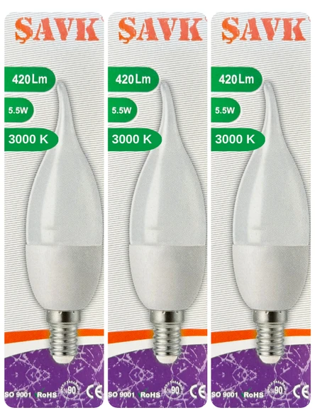 (3 Adet) Şavk 5,5W (37W) Sarı Işık (3000K) E14 Duylu (İnce Duy) Led Kıvrık Ampul ürün görseli 1