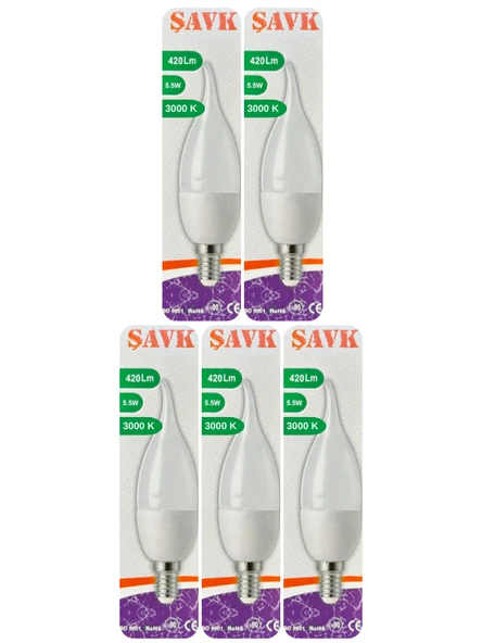 (5 Adet) Şavk 5,5W (37W) Sarı Işık (3000K) E14 Duylu (İnce Duy) Led Kıvrık Ampul ürün görseli 1