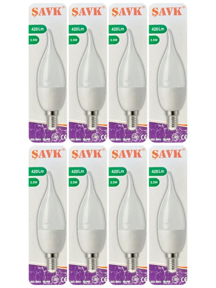 (8 Adet) Şavk 5,5W (37W) Beyaz Işık (6500K) E14 Duylu (İnce Duy) Led Kıvrık Ampul ürün görseli 1