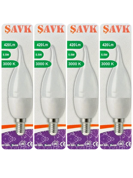 (4 Adet) Şavk 5,5W (37W) Sarı Işık (3000K) E14 Duylu (İnce Duy) Led Kıvrık Ampul ürün görseli 1